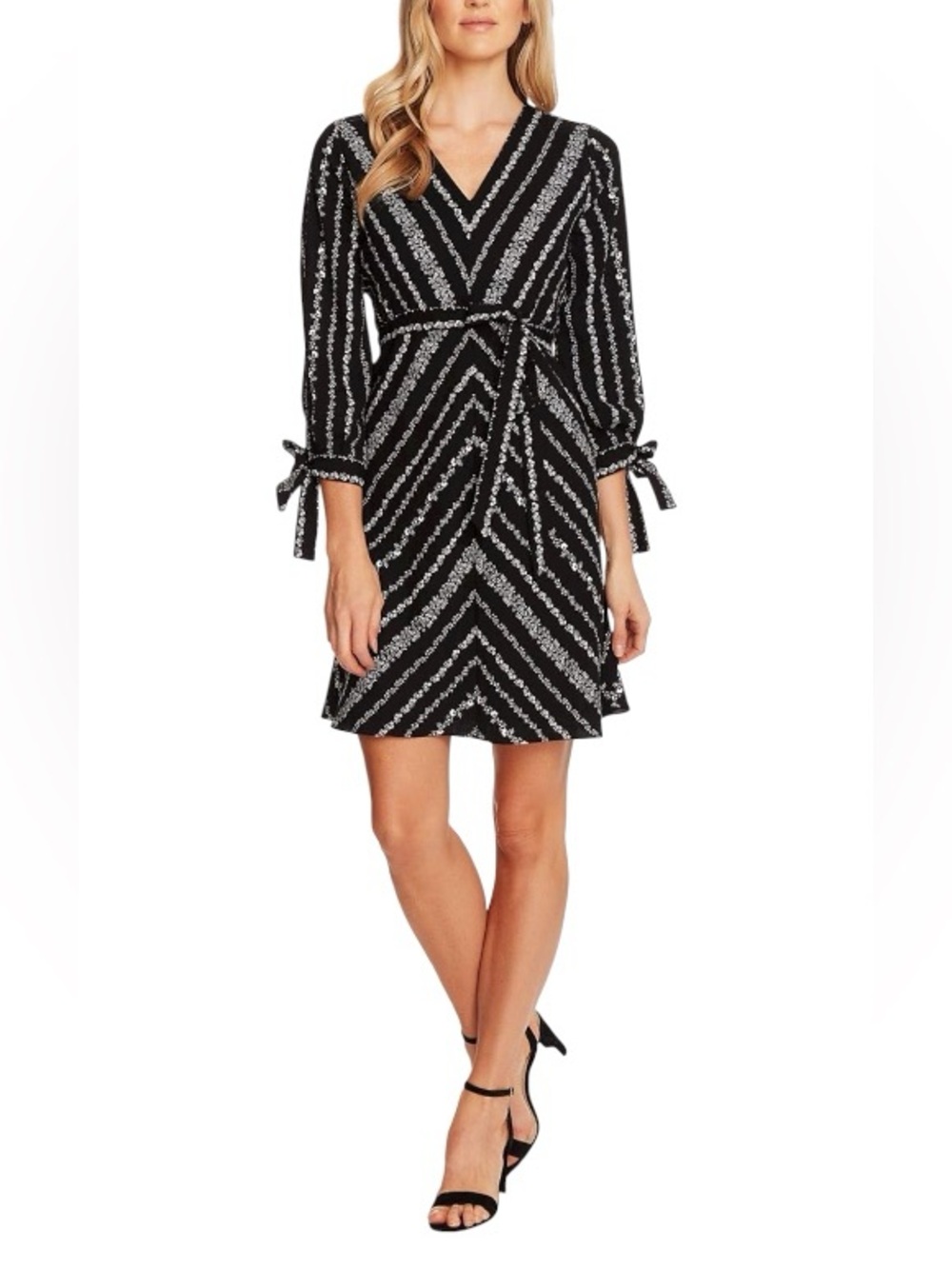CeCe Black White Floral  V-Neck Tie Sleeve Lined Belted Versatile Mini Dress 4